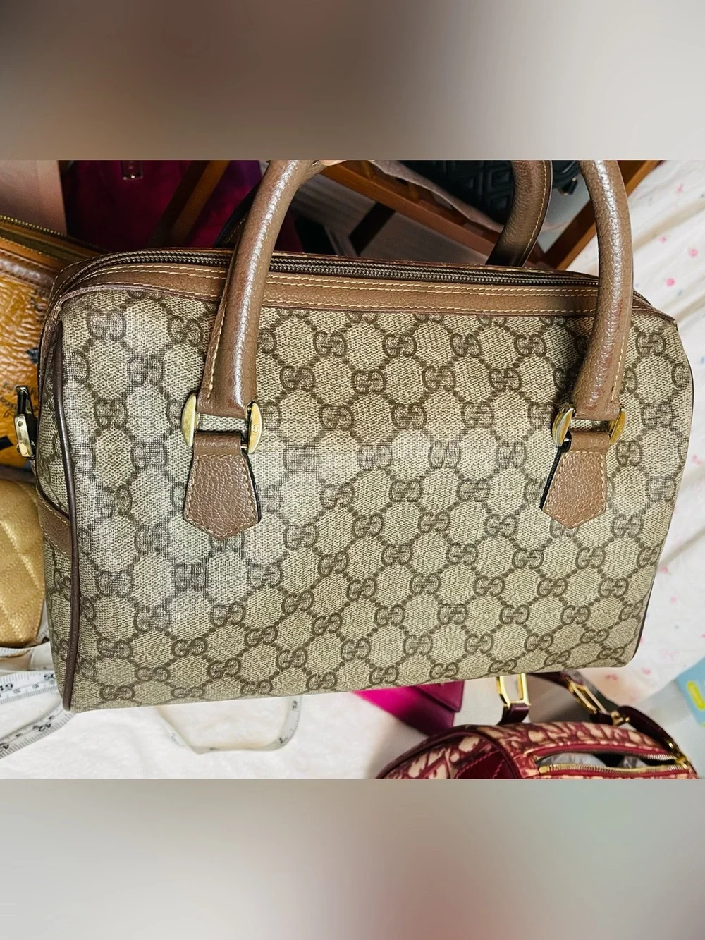 Gucci Beige/Brown Monogram Satchel with Green-Red Web Stripe